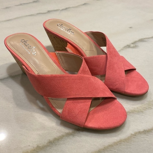 Charles by Charles David Pink Suede Wedges size 7.5 Cork Mules NWOT - Picture 1 of 14